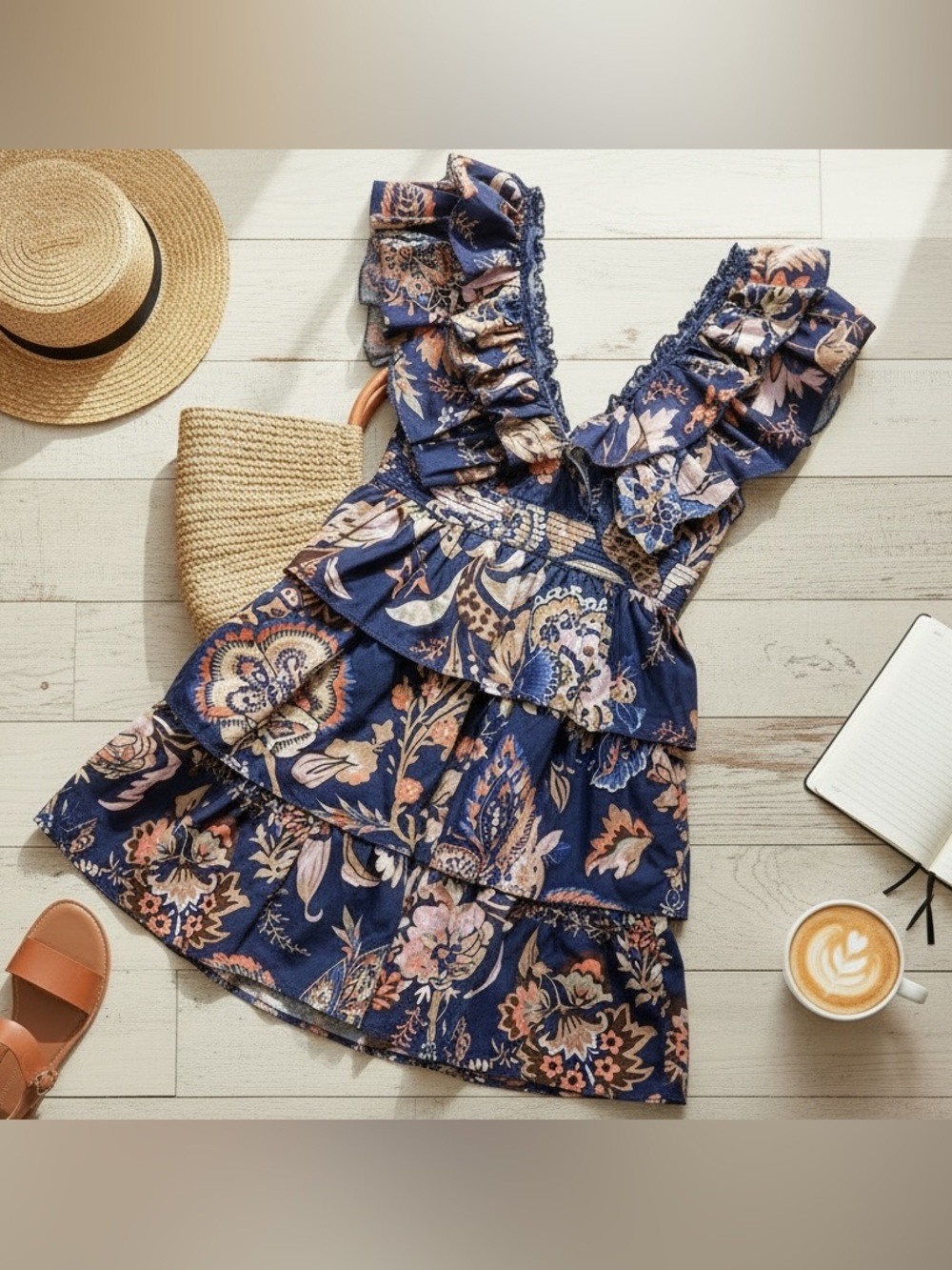 ANTHROPOLOGIE A Line Ruffle Mini Dress Floral Navy Blue XXS 25” Waist NWT! 🌻